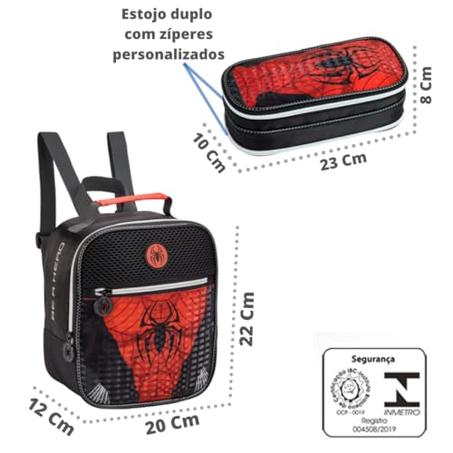 Kit Mochila Infantil Masculino Escolar de Costas Lancheira Mais Estojo (Vermelho Be a Hero)