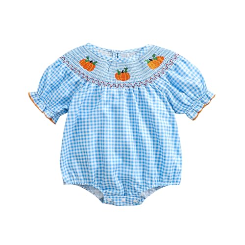 Image of Ayalinggo Newborn Baby Girl Smocked Thanksgiving Outfit Infant Plaid Bubble Romper Embroidery Turkey Fall Clothes