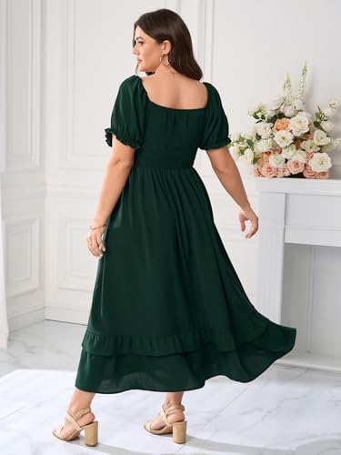 Image of Women's Plus Size Dress Square Neck Short Sleeve Smocked Elastic Waist Tiered Ruffle Hem Maxi Dresses