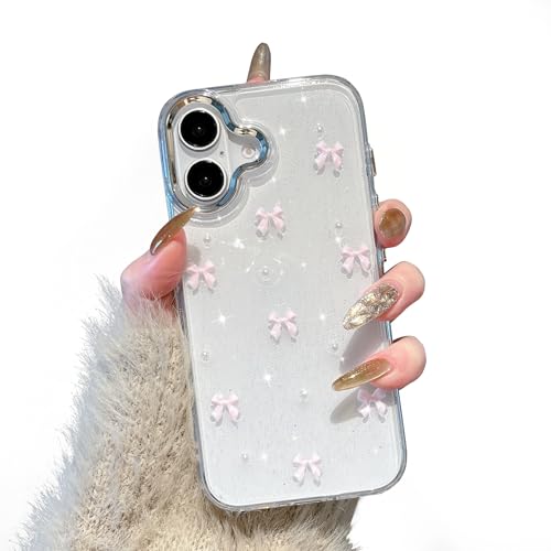 Coque iPhone 16 Plus brillant clair transparent avec motif de noeud papillon rose 3D