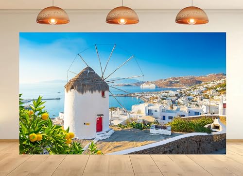 8x6ft Mykonos Windmill Photo Backdrop Greek Island White Village Coastal View Background Tapestry for Honeymoon Vacation Travel Themed Party Decorations Photography Shoot Props