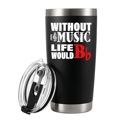 Panvola Without Music Life Would B Flat Music Teacher Gifts Musicians Choir Director Pianist Guitarist Travel Mug Vacuum Insulated Tumbler with Lid Straw (Black, 20 Ounces)