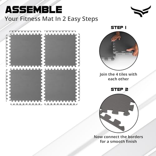 XTRIM Puzzle Exercise Mat (4 Tiles & 8 Borders,16 Sq.Ft. Area) High-Density EVA Foam Mat,Interlocking Tiles,Shock Proof,Protective Flooring For Gym Equipment,Puzzle Foam Mat Home,Kids Area Grey,Gray