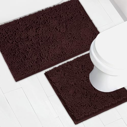 AINAHYVA Bathroom Rugs Chenille Bath mat 2 Piece Set Super Absorbent Strong PVC Non Slip Backing Bath mats for Bathroom Plush Shaggy Thick Machine Washable Bathtub Shower Toilet.(Brown)