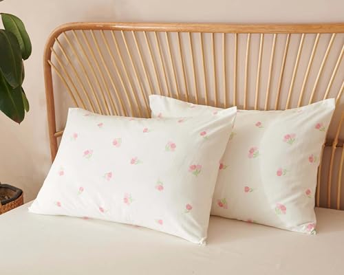 Image of Floral Duvet Cover Full Size White Pink Tulip Pattern Bedding Set with Zipper Closure 3 Pcs Garden Style Soft Microfiber Comforter Cover for Kids Women with 2 Pillowcases