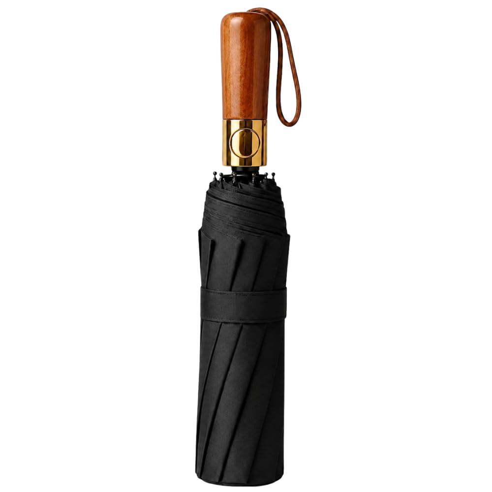 Luxury Waterproof Umbrella - 105cm Large Automatic Folding Umbrella with UPF 50+ Sun Protection, Water-Repellent High-Density Cloth, Reinforced Fiber Frame, & Elegant Wood-Grain Handle.-image-14
