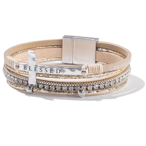 FANCY SHINY Cross Leather Bracelets Christian Jewelry Religious Gifts for Women Boho Wrap Cuff Bangle Bracelets with Magnetic Clasp