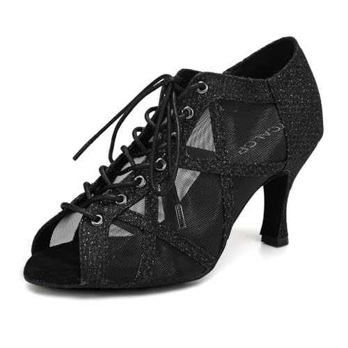 YCALCP Women's Latin Salsa Dance Shoes Lace-up Ankle Boots Open-Toe Wedding Party Practice Ballroom Dancing Heels, QRX-X526-Black-7.5, US 7.5