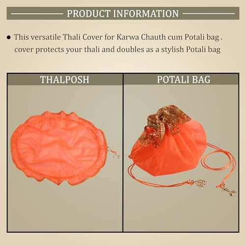 Image of Kuber Industries Organza Double Layer 2 in 1 Shagun Pooja Thalposh Cover Cloth Potli | Wedding Gift Packaging Sagun Potli | Traditional Potli Bag & Thali Cover with Drawstring | Orange