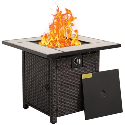 50000 BTU Brown Wicker Gas Fire Pit Outdoor Fire Pit Table 30 Inch Fire Pits for Outside with Woodgrain Marble Tabletop Fire Pit Cover and Blue Crystal Beads