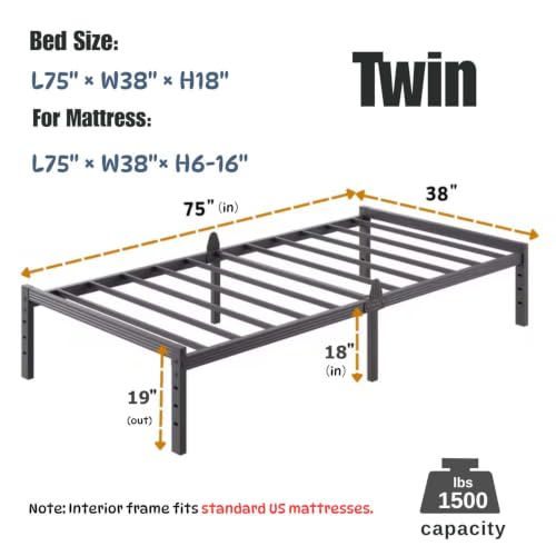 Image of ZIYOO 18 Inch Twin Size Metal Platform Bed Frame,Mattress Anti-Slip Design | No Box Spring Needed, Easy Assembly, No Squeaks, Tools Included, Ideal for Bedrooms, Guest Rooms, Dorms, Hotels & B&Bs