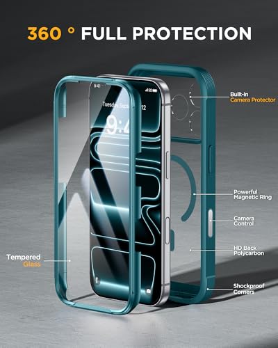 Image of Miracase for iPhone 17 Pro Max Case 6.9 inch Full-Body Phone Case with Built-in Glass Screen Protector& Full Camera Protector,[Magnetic with MagSafe] Drop Proof 17 ProMax Cover, Green