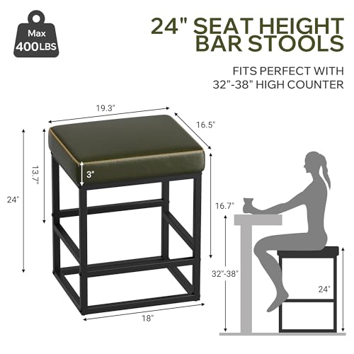 Image of Bar Stools Set of 6, 24in Counter Height Barstools, Faux Leather Counter Stools with Thick Square Seats & Sturdy Metal Base, Modern Bar Chairs for Kitchen Island (Green)