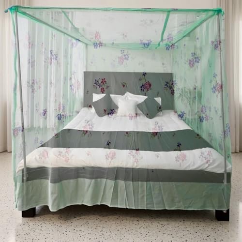 Image of Mosquito Net for King Size Bed - Foldable Square Mosquito Net Double Bed | Mosquito Net for Queen Size Bed | Floral Printed with Base Cloth Mosquitoes Net Sukun Wali Neend (6.5 x 6.5ft, Green)