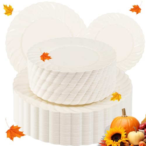 U-QE 100Piece Thanksgiving Plates Disposable - Ivory Plastic Plates Disposable Heavy Duty - High End Disposable Plate for Thanksgiving Including 50PCS 9 '' Dinner & 50PCS 6.5 '' Dessert Plate U-QE 100Piece Thanksgiving Plates Disposable - Ivory Plastic Plates Disposable Heavy Duty - High End Disposable Plate for Thanksgiving Including 50PCS 9 '' Dinner & 50PCS 6.5 '' Dessert Plate