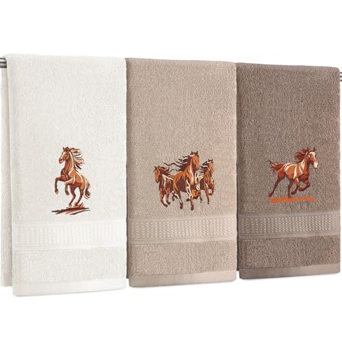 Hillsuren 3 Pcs Western Horse Hand Towels Set for Bathroom 100% Cotton Embroidered Decorative Equestrian Horse Themed Gifts Farmhouse Towels for Bathroom Kitchen Decor 13. 3 x 29. 5