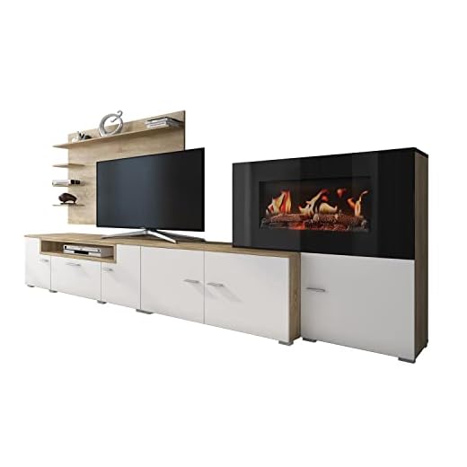 SelectionHome Mueble Salón Comedor con Chimenea Eléctrica, Acabado en Blanco Mate y Roble Claro Cepillado, Medidas: 290 cm (Ancho) x 170 cm (Alto) x 45 cm (Fondo)