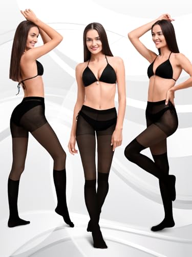Image of Jansun 3 Pairs Faux Thigh High Fishnet Stockings, Black Opaque Tights Women Fishnet Tights