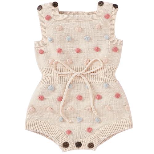 Image of KARUNEL Baby Girl Romper Knit Cotton Sleeveless Rompers with Pompoms Newborn Girls Overall Jumpsuit Summer Outfits Clothes