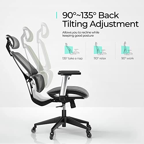 Linsy Home High-Back Office Chair, Swivel Ergonomic Task Chair With Adjustable Headrest And Arms, Lumbar Support And Pu Wheels, Computer Mesh Chair For Home Office, Dark Grey #TOP4