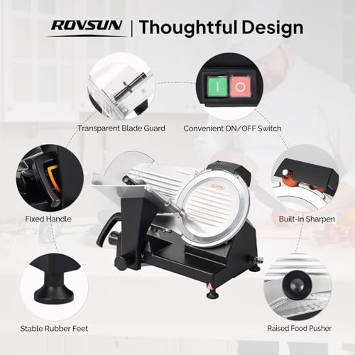 Image of ROVSUN 8.7inch Commercial Meat Slicer, 300W Electric Deli Food Slicer with Premium Chromium-plated Steel Blade, 0-12 mm Adjustable Thickness, ETL Certified for Frozen Meat Ham Baguett Steak, Black