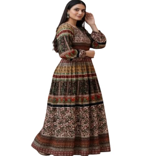 Image of Women's Cotton Dress Jaipuri Sanganeri Print Midi Long Dress Printed Fit and Flare Maxi Dress A-Line Gown Dress Maxi Skirt, Mandala (Free Size)