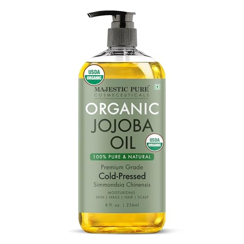 Majestic Pure USDA Organic Jojoba Oil 8 Fl Oz - 100% Pure and Natural- Cold Pressed & Hexane Free Natural Hair Growth Oil for Eyelashes, Eyebrows, Skin, Body, Face, Nails & Scalp