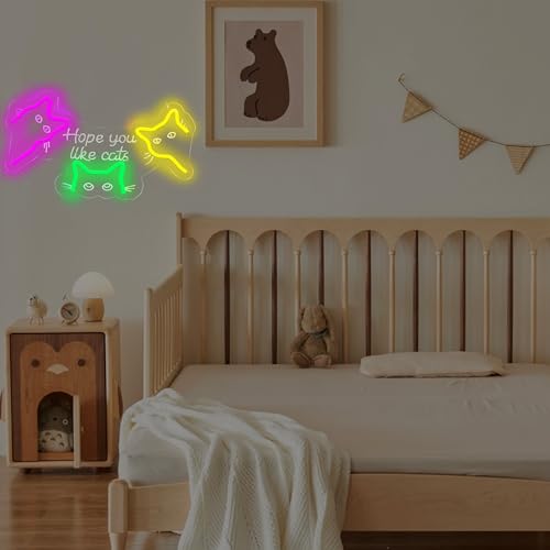 Image of Hope You Like Cats Neon Sign, USB Powered Cat LED Light Decor | Cute Cat Wall Decor for Bedroom, Kids Room, Game Room, Halloween Party and Cat Lovers Gift