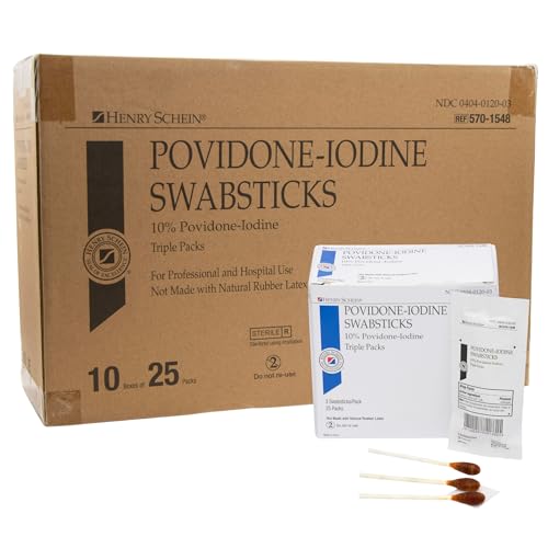 Image of Henry Schein 10% Povidone Iodine Swabstick 3's, Sterile Antiseptic, 250 Ct | Latex Free, Skin Preparation, Triple Packs, 10 Boxes of 25, Individually Packed, Ideal for Home First Aid and Medical Use