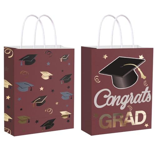 12 Pieces Graduate Gift Bags Graduation Party Favor Gifts Wrapping Bags for Graduation Season Theme Party Supplies Decoration (Red Gold)