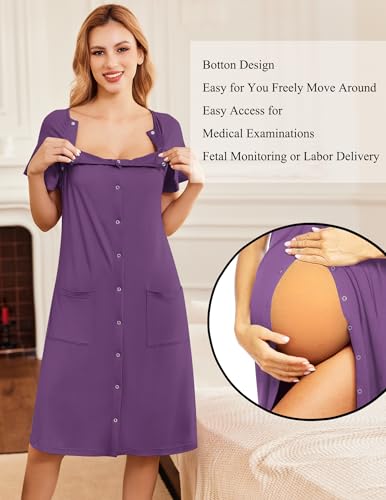 Image of Ekouaer Labor Delivery Gown Nursing Braeastfeeding Dress Maternity Clothes