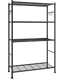 Sakugi Storage Shelves - 4-Tier Spacious Shelf Organizer with Hooks & Leveling Feet, Easy to Assemble, Rust-Resistant Garage Shelving for Kitchen, Pantry, Bedroom, 33.2" x 12.7" x 57.3", Black