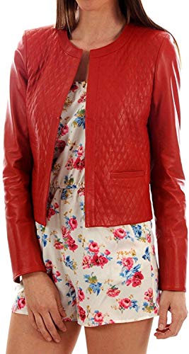 D Dolly Lamb 100% Leather Jacket For Women - Collarless Deep Neck & Slim Fit - Moto, Bomber, Biker Winter Casual Wear - Red51 - Large #TOP17