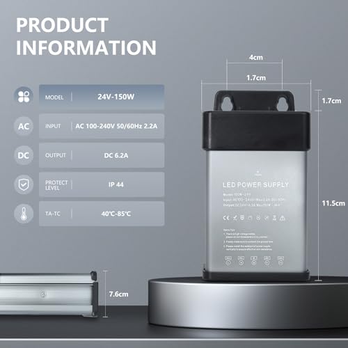 Image of 24V 150W LED Power Supply Rainproof IP44, Ultra Slim LED Transformer 100-240V AC to 24V DC 6.25A Converter Quiet Low Volt LED Driver Constant Voltage Driver Adapter for Indoor and Outdoor