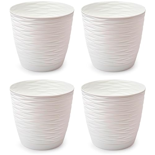 AC - Pack de 4 Macetas Redondas con Plato - Diseño Wind (Ø 19 cm) - Fabricado en plástico - Ideal para jardín Exterior, terraza o balcón - Color Blanco Roto