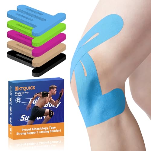 PreCut Kinesiology Tape for Knees, 24PCS Waterproof KTQUICK Knee Tape for Knee Pain Relief Pre Cut, Original Cotton Athletic Knee Tape, Waterproof & Hypoallergenic Latex-Free for Sports(Blue)