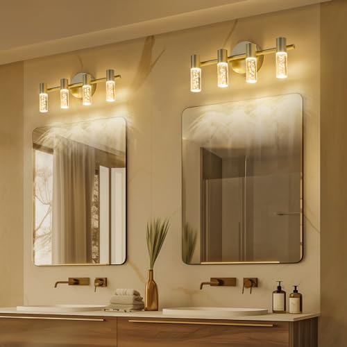 Image of 4 Light Bathroom Light Fixtures, Gold Modern Vanity Lights with Acrylic Shades, 3000-6000K Dimmable Bathroom Wall Lamp for Mirror Kitchen Living Room Hallway Cabinet Porch