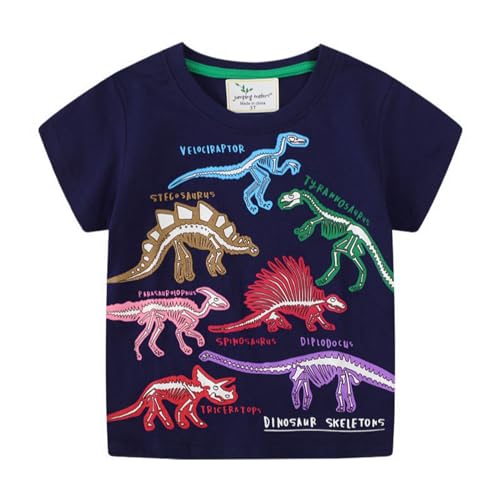 Camiseta Niños Manga Corta Algodón T-Shirt Cuello Redondo Azul Marino tee Elástica Cómoda Luminoso Dinosaurio Estampado Top Primavera Verano Ropa para Infantil