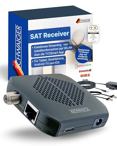 SCHWAIGER SAT Receiver I SAT-Dongle für Digitale Fernsehsignale per WLAN I kabelloses Streaming von Satellitenfernsehen per WiFi über TV2Smart App I drahtloser Satellitenempfänger für Fernseher