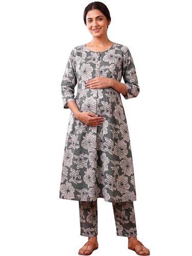 Image of RITIJYA Pure Cotton Feeding Kurta Pant Set for Women | Floral Anarkali Pregnancy Dress with Concealed Nursing Zipper Side Pocket | Pre & Post Partum | Maternity Dresses | Baby Shower Outfit