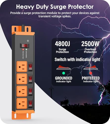 Image of CCCEI Heavy Duty Surge Protector, 20A Individual Switches, Orange, 6FT, 1 | 12 Gauge Grounded Extension Cord with Multiple Outlets, Wall Mount Power Strip for Garage, Plug Extender.