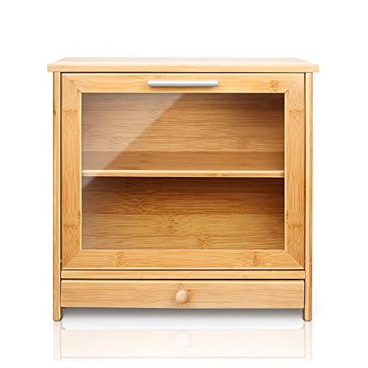 G.a HOMEFAVOR Bamboo Bread Box with Clear Front Window - Large Capacity Wooden Bread Storage Holder for Kitchen Counter - Double Layer Bread Storage Bin Holds 2 Loaves