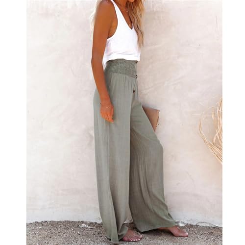 Linen Blend High Rise Smocked Pants,Women's Summer Solid High Waisted Loose Casual Elastic Waist Wide-Leg Trousers3