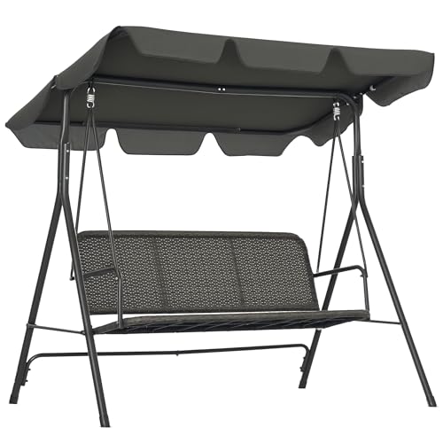 Outsunny 3-Sitzer Gartenschaukel Outdoor Gartenschaukel mit verstellbarem Vordach PE Rattan Sitz und Armlehnen für Balkon Terrasse Patio...