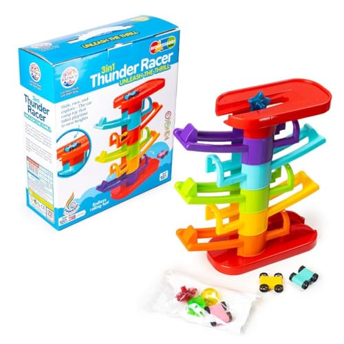 Image of Ratna's 3 in 1 Thunder Racer Track Car Ramp 5 Layer Ball Drop & Roll Swirling Tower Toys for Baby and Toddler | Stack, Drop & Go Ramp Toy Set Includes 3 Cars, 3 Sliders & 1 Ball
