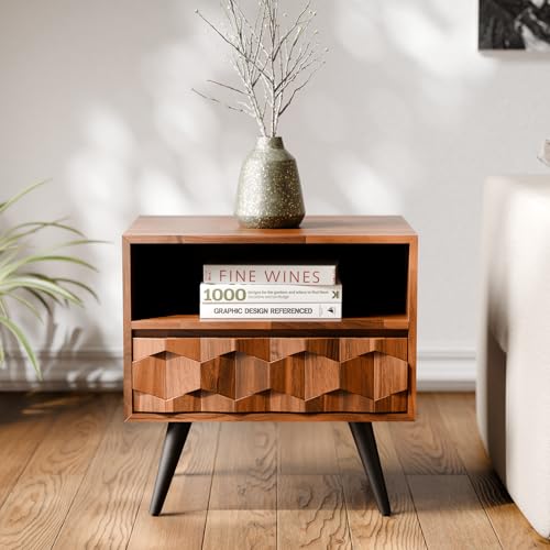 Image of Bme Georgina Solid Wood Nightstand with 1 Drawer & Open Shelf- Fully Assembled Mid Century Modern Side Table - Geometric Pattern Bedside Dresser for Bedroom and Living Room, Dark Chocolate