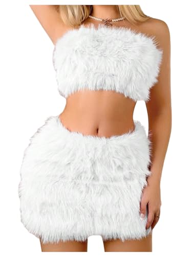 WDIRARA Women's Fuzzy 2 Piece Outfits Bandeau Crop Top Bodycon