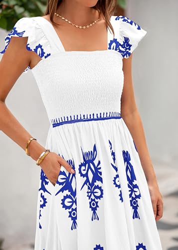 BTFBM Summer Dresses for Women 2025 Floral Smocked Boho Sleeveless Square Neck A Line Casual Beach Maxi Dress Pockets