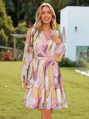 Image of Simplee Womens Spring Floral Mini Dress Long Sleeve Boho Chiffon Short Dress Casual Flowy Fall Wedding Guest Dresses