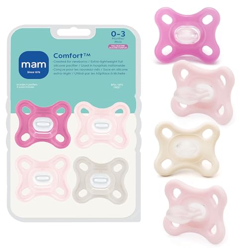 Image of MAM Comfort Baby Pacifier 0-3 Months, Specially for Smaller Newborn Mouths, Lightweight One-Piece BPA-Free Silicone, Easy to Clean, Best for Breastfed Babies, 4 Pk, Made in Europe